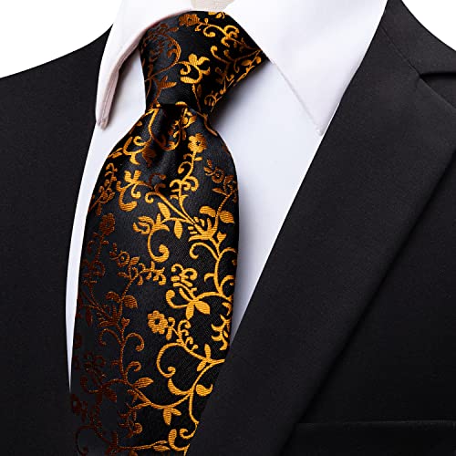 Image of YourTies Black Gold Ties for Men Silk Floral Men's Necktie Woven Jacquard Formal Business Party Wedding Designer