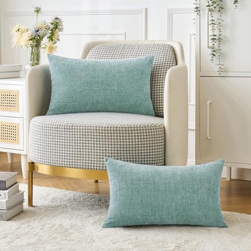 Image of MIULEE Pack of 2 Couch Throw Pillow Covers 12x20 Inch Soft Aqua Green Chenille Lumbar Pillow Covers for Sofa Living Room Spring Home Decor Couch Solid Dyed Cases