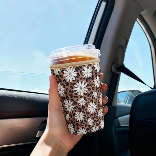 Image of Reusable Insulated Sleeve for Iced Coffee Cup, 3-Pack Coffee Neoprene Drink Sleeve for Cold & Hot Drinks, Beverage Holder for Iced Coffee (Leopard Daisies)
