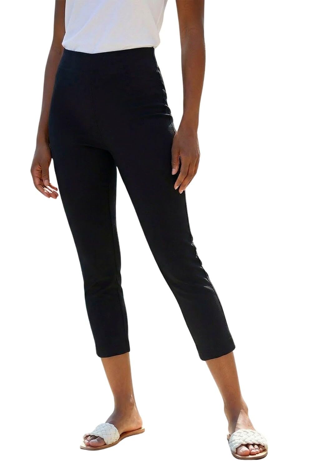 Roman Women's Black Cropped Stretch Trouser Capri Summer Leggings 3/4 Pedal Pushers In | Size: 18