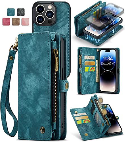 CaseMe for iPhone 14 Pro Case Wallet Case Cover for Women Men Durable 2 in 1 Detachable Premium Leather with 8 Card Holder Slots Magnetic Zipper Pouch Flip Lanyard Strap Wristlet, Fashion Blue