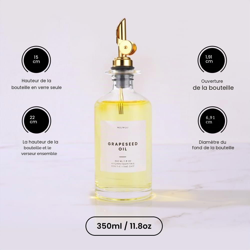 Molimoli Bouteille Distributrice d'Huile d'Olive pour Cuisine, Verseur Automatique, Bouteille en Verre pour Cuisine, Cruche à Huile d'Olive, | Ensemble de 4