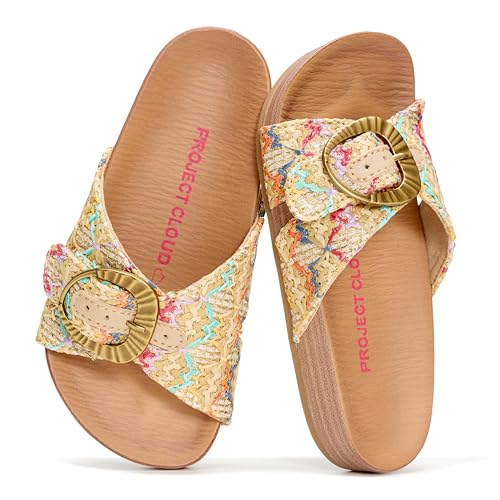 Project Cloud Girls Sandals - Adjustable Buckle Girls Slides with Plush and Soft Insole Kids Sandals - Non-Slip and Lightweight Slides for Kids (Beaming Kids) (GOLDMULTI 3)