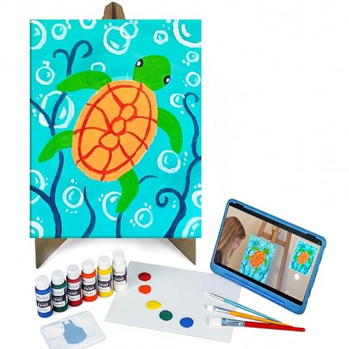 Painting to Gogh - Swimming Sea Turtle Junior Artist Painting Kit Ages 6+ 11x14 Canvas 3 Paint Brushes Acrylic Paint Cardboard Easel Palette Apron & Step-by-Step Tutorial for Kids