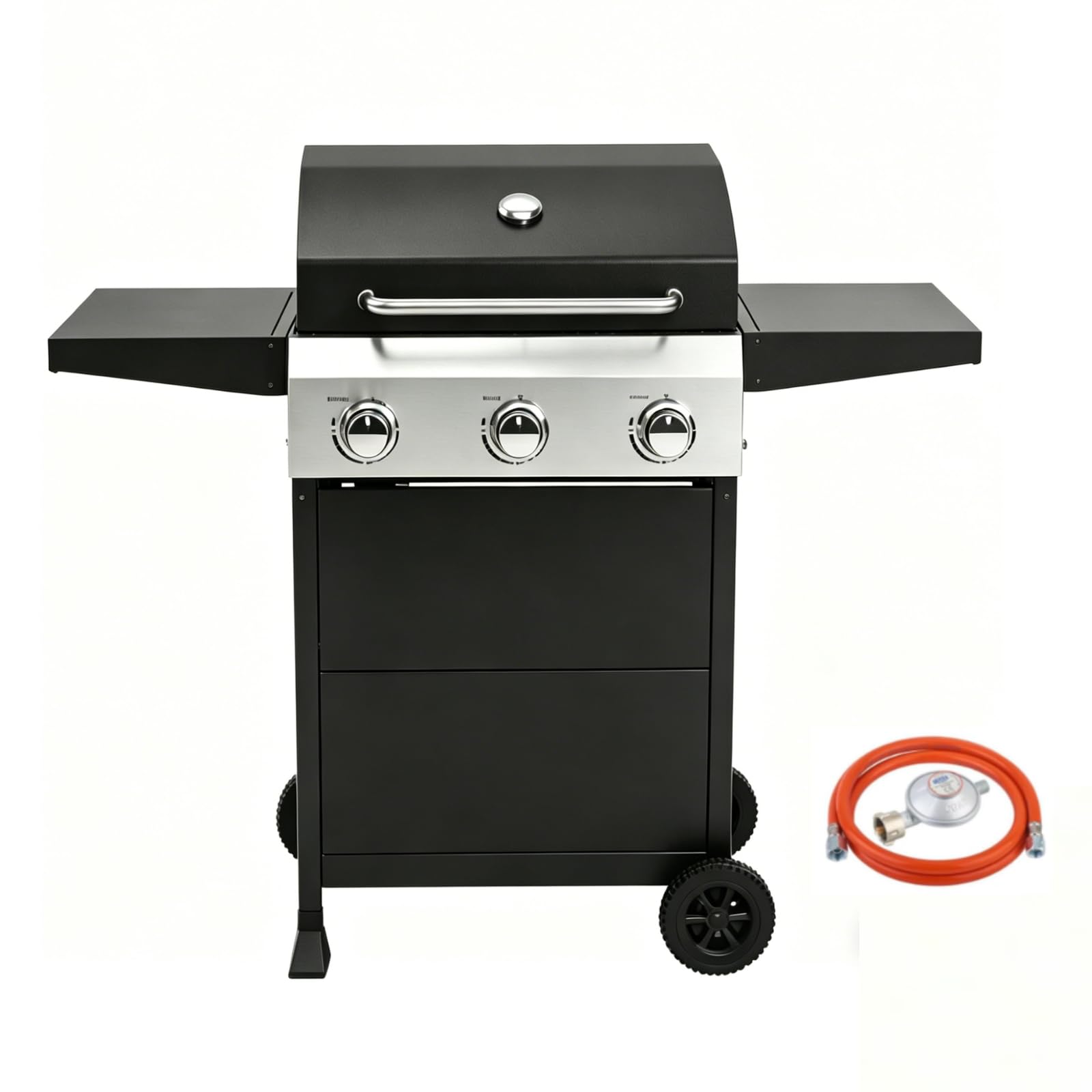 Gasgrill 3 Brenner, Camping Gasgrill 10,5 kW, Grillwagen mit Deckel & 50-mbar-Druckminderer, Gas Grill geeignet für Camping und Grillabende im Garten
