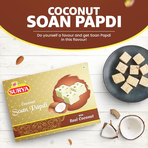 Image of HF, Surya Coconut Soan Papdi- 400g | Made with Real Coconut, Fresh Besan | No Preservatives, Almond & Pistachio Garnish Delicious Festive Sweets