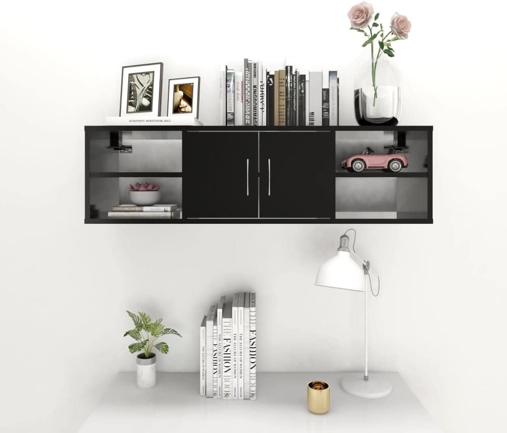 Wall Shelf Black, 40.2x11.8x11.4 Engineered Wood, 6-Tier Storage, Floating Ledge Design for Bathroom, Living Room Decor