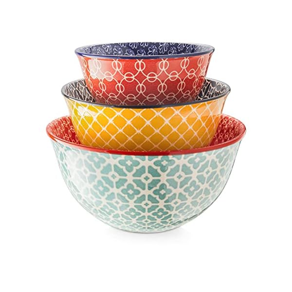 DOWAN Mixing Bowls, Ceramic Mixing Bowls for Kitchen, Colorful Vibrant Nesting Bowls for Cooking, Baking, Prepping, Serving, Salad, Housewarming Gift, Microwave Dishwasher Safe, 3.7/2/1 Qt, Set of 3