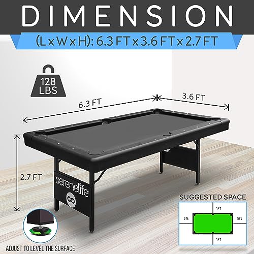 Image of SereneLife 6-Ft Folding Pool Table - Best in Stability - Steel Frame, Fully Supported Slate, Welded Leg Supports with Safety Anti Collapse Locks, 128LB Heavy Duty Billiard Game and Accessory Set