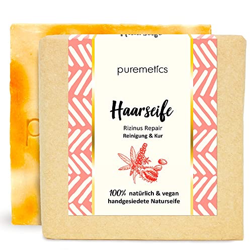 puremetics Jabón para el cabello Zero Waste "Rizinus Repair" | natural, vegano y sin plástico | jabón natural de mano | jabón para el cabello sin tensioactivos | champú sólido sin plástico Cover