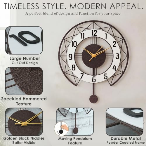 Image of Decorative Metal Wall Clock with Pendulum for Living Room | Modern Stylish Wall Clock for Bedroom, Hall, Office & Home Decor | Luxury Designer Analog Wall Clock (Antique Copper 18 Inch)