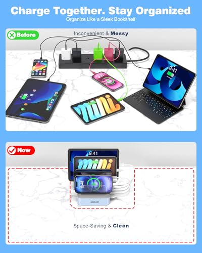Image of MSTJRY Charging Station for Multiple Devices : 5 Port Multi USB-A Charger Stations Multi-Device Organizer Charging Dock Designed for iPhone iPad Cell Phone Tablets (7 Short Cables Included), Blue