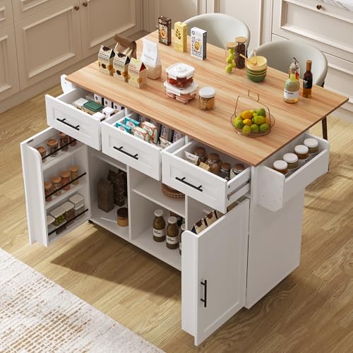 Oslghy Isla De Cocina Móvil con Ruedas, Carro de Cocina con Mesa de Comedor Extensible, Mueble Auxiliar de Cocina con Estantes Ajustables, Estante para Especias y 3 Cajones,139x 46-71x91,5cm (Blanco)