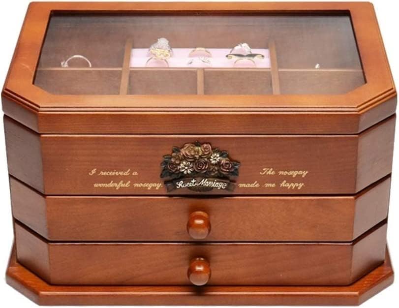 Miniatura 4 de Joyero organizador de joyas de madera maciza, caja organizadora de joyas de 3 capas de almacenamiento de joyas para aretes, anillos, collares,