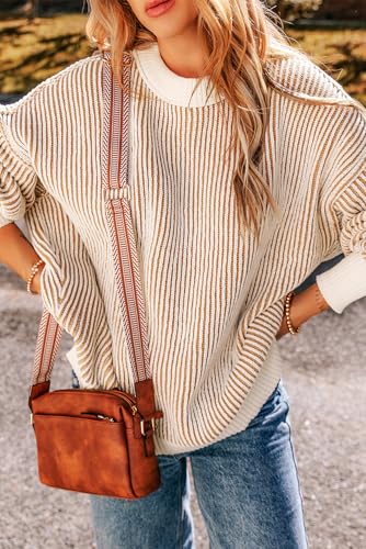 KevaMolly Womens Long Sleeve Sweater Striped Textured Knit Contrast Edge Loose Sweater Casual Striped Pullover Tops3