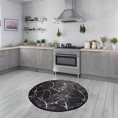 Bosdela Badezimmerteppiche Marble Black Round, Ø100 cm – rutschfest,...
