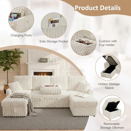 Image of KCGKCG 104 inch U Shaped Sleeper Sofa Bed, Pull Out Couches for Living Room | Pull Out Sofa Bed with Storage Chaise, Dual Cup Holders, Side Storage Pocket, Charging Station, Plush Corduroy Fabric