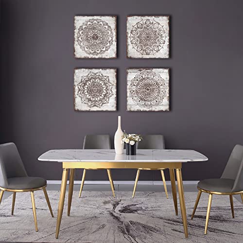 Yearainn Vintage Flower Pattern Canvas Wall Art For Bedroom Wall Decor Rustic Bohe Floral Pictures Brown Geometric Wood Planks Canvas Prints Artwork For Bathroom Office Home Decoration 12 Inch X 12 Inch X 4 Pieces thumb #3