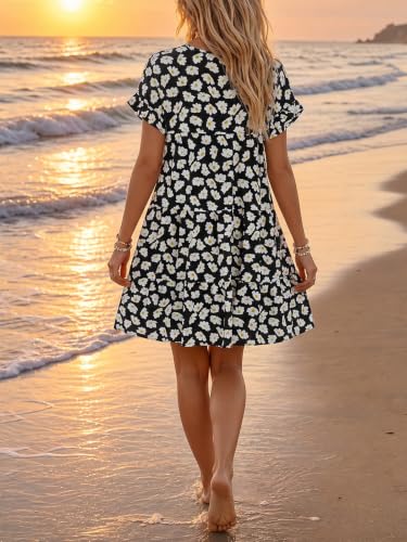 Image of Chuanqi Womens Ruffles Boho Floral Printed Babydoll Loose Swing Casual Short Mini T-Shirt Dress