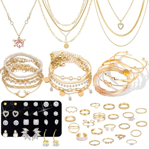 46 Pieces Gold Jewelry Sets for Women Fashion Gold Plated Necklace Bracelet Earrings Rings Set Valentine Anniversary Friendship Gift For Women