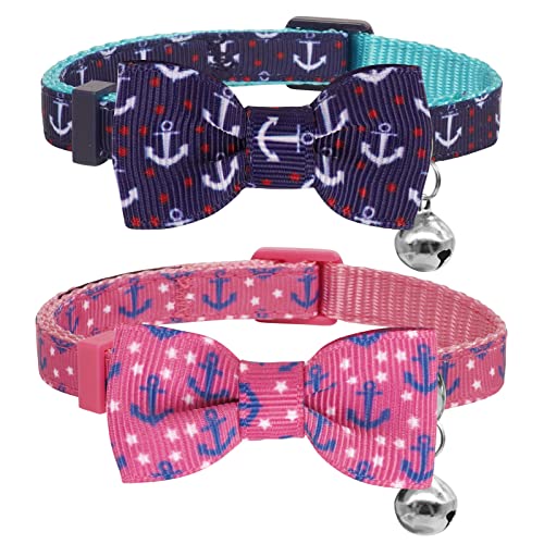 azuza Cat Collar with Bowties 2 Pack Safety Breakaway Cat Collar with Removable Bell, Anchors Aweigh