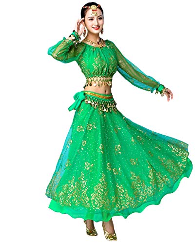 Grouptap Indien Bollywood Manches Longues Anarkali Lehenga Choli Saree Robe Vert Arabian Princesse Danse du Ventre Jupe Costumes Costume (Vert, 150-170 cm,...