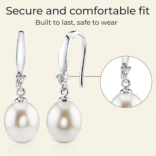 Vista 6 de The Pearl Source Real Pearl Dangle Earrings for Women with Genuine AAAA Quality White Freshwater Cultured Pearls 14K Gold Plated 925 Sterling
