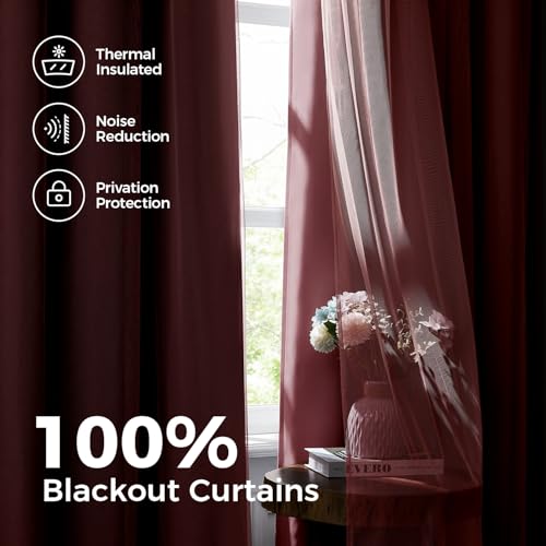 Image of 100% Blackout Curtains for Bedroom, Double Layer Pink Curtains, Black Out Curtain 84 inch Long with Sheer Overlay for Living Room, Room Darkening Window Drapes with Grommet, 52 inch W x 84 inch L