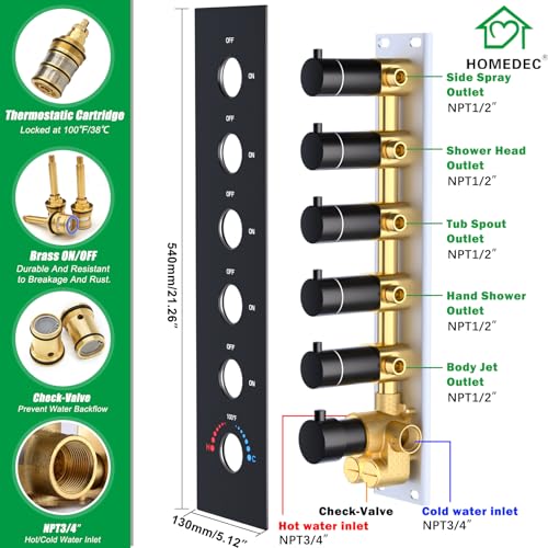 HOMEDEC 14x20inch and 6inch Shower Heads System with Bathtub Spout, 5 Way Diverter Valve, Handheld and 6 Body Jets Luxury Shower Set, Black