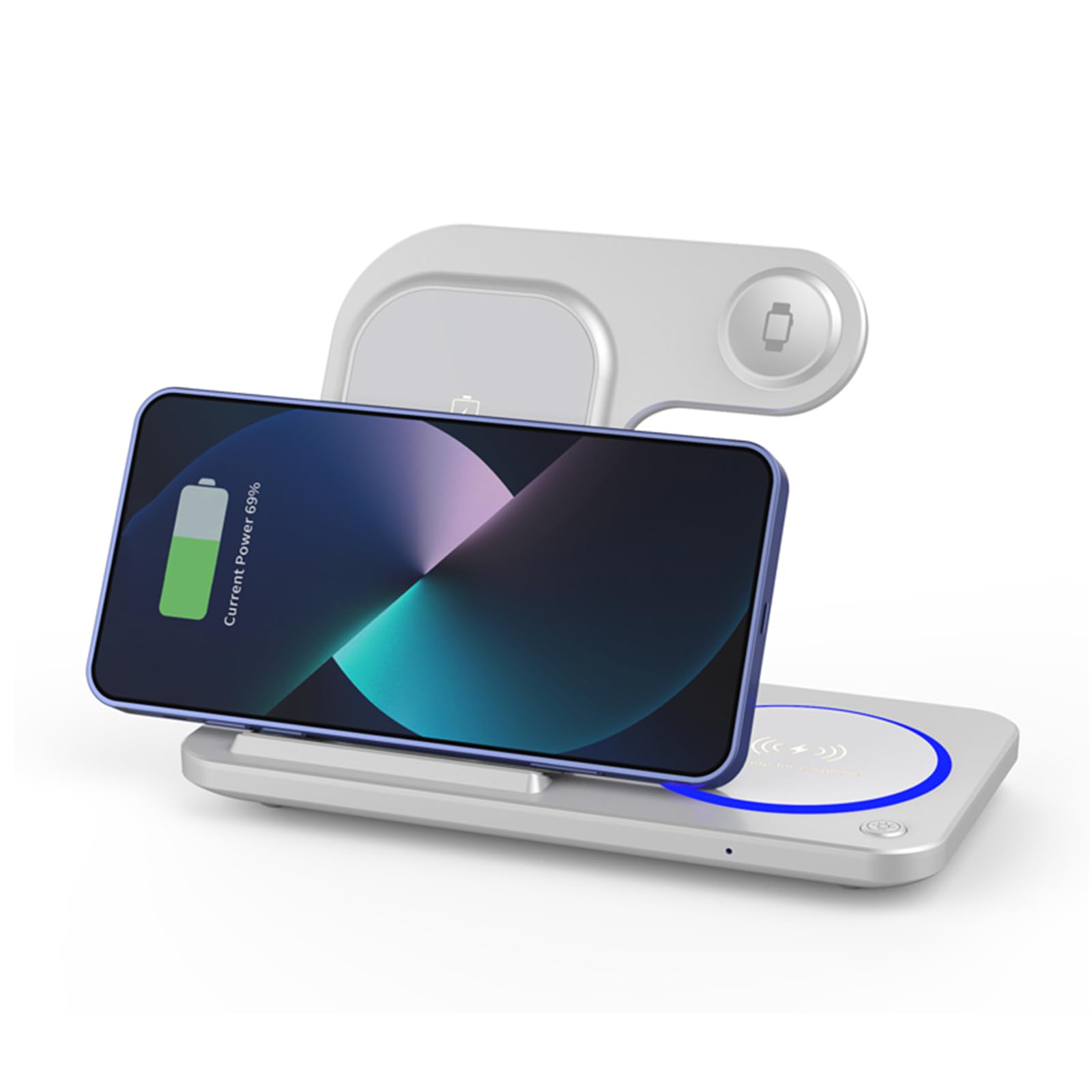 Supporto 3 in 1 molto sottile per wireless con tecnologia a doppia bobina, veloce e sicuro per smartphone, smartwatch, utilizzare telefoni pieghevoli, caricabatterie