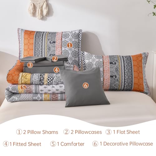 Image of Cottolester Boho Comforter Set Queen Size,8 Pieces Orange Bohemian Striped Bed in a Bag,Paisley Soft Microfiber Bedding Comforter Set