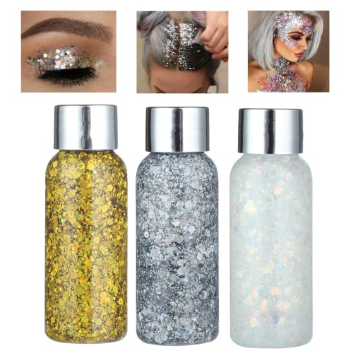 Toyosport Body Glitter Gel 3 botellas Glitter Sequins Mermaid Sequins Glitter Liquid Gel Kit Brillo grueso de larga duración para fiestas de disfraces Cover