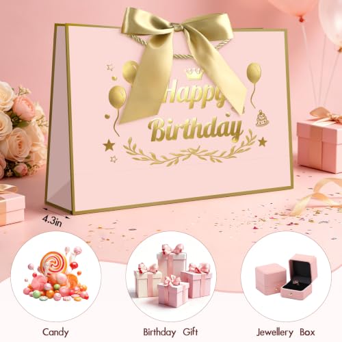 Image of JMANNI Pink Gold Happy Birthday Gift Bag with Card and Tissue Paper, 12.6 inchx8.66 inchx3.9 inch Elegant Present Bag for Men Women, Year Old Birthday Keepsake Party Supplies