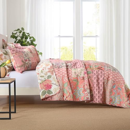 NEWLAKE Cotton Patchwork Bedspread, 3-Piece Bedding Quilt Set with Real Stitched Embroidery, Reversible Matelasse Bed Coverlet Set,Bohemian Floral, Queen Size