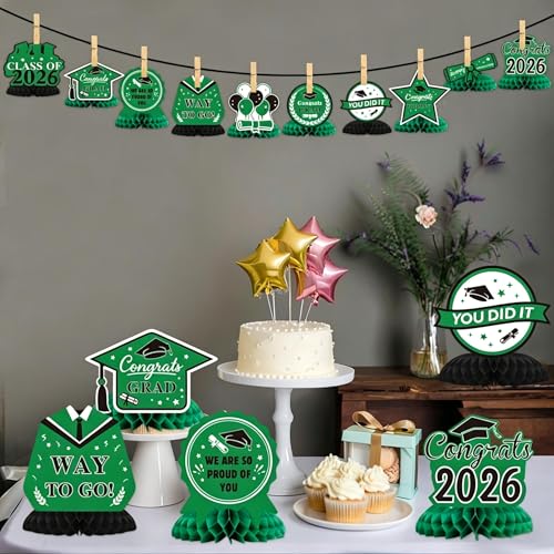 Image of Graduation Party Decorations Class of 2026, 10PCS Graduation Centerpieces for Table, Congrats Grad Table Centerpiece Congratulate Graduation Honeycomb Table Toppers for Graduation Party Supplies Green