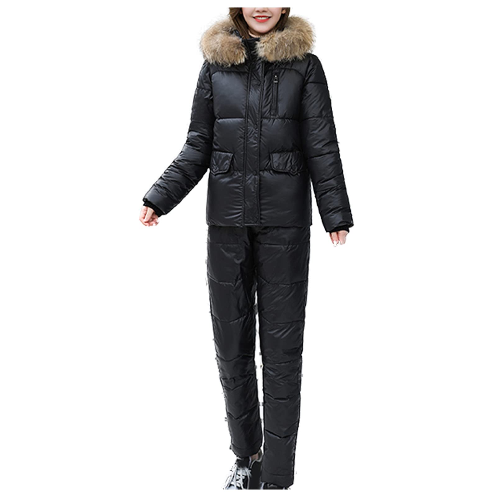 Traje de esquí acolchado para mujer, conjunto de 2 piezas, traje de esquí para mujer con capucha mullida, conjunto minimalista de color sólido, resistente al viento y al agua, abrigo de nieve casual