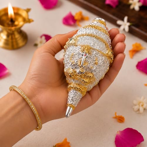 Image of CraftVatika 999 Pure Silver Plated & 24K Gold Plated Ganesh Shankh with Velvet Gift Box, 4.7 Inch Ganesha Shankh for Fengshui Vastu Gifts, Wedding Anniversary House Warming Gifts New Home Decor Items