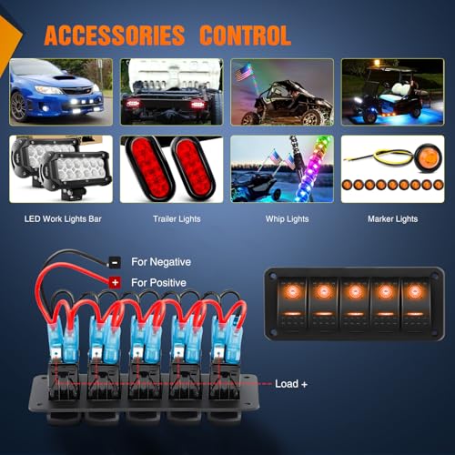 Image of Nilight 6 Gang Rocker Switch Panel w /Orange LED Light 5Pin ON Off Pre-Wired | Aluminum Toggle Switches Waterproof for 12V /24V Cars Marine Boats ATVs Trailers RV Trucks