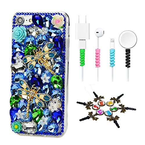 STENES Bling Phone Case Compatible with Bling Case Compatible iPhone 11 Pro - Stylish - 3D Handmade [Sparkle Series] Dragonfly Rose Flowers Design Cover with Cable Protector [4 Pack] - Blue