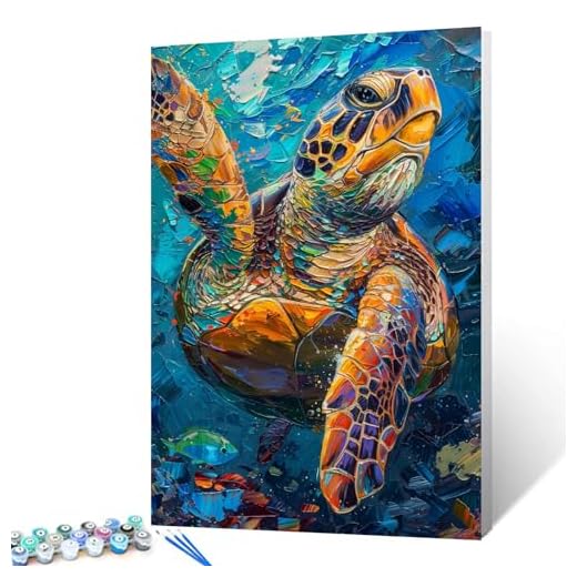 Tucocoo Pintura de primer plano de tortuga por números para adultos principiantes, kits de pintura al óleo sobre lienzo con pinceles y pigmento acrílico, imagen abstracta de animales del mar azul para