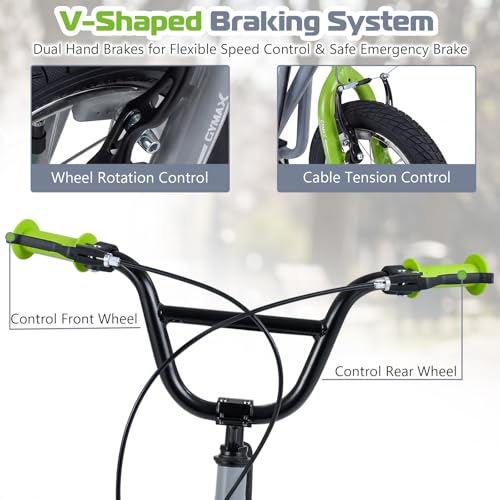 Image of GYMAX Scooter, Kids & Adults Off-Road Scooter with 12 inch Inflatable Wheels, Adjustable Height Handlebar, V-Type Handbrakes & Axle Pegs for All Terrain, 8+