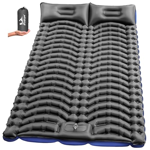 Pretyw Double Sleeping Pad for Camping - Ultralight Camping Mattress with Pillow, Built-in Foot Pump, Compact Inflatable 2-Person Portable Mat for Backpacking, Hiking, Car Traveling, Beach, Tent