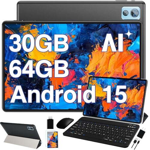 Image of 2026 Tablet 10 inch Android 15 Tablets with Keyboard, 30GB RAM 64GB ROM 2.0GHz Octa-Core, Dual Camera, 2TB Expand, Widevine L1, 5G WiFi, BT 5.0, 2 in 1 Tableta PC (Black)