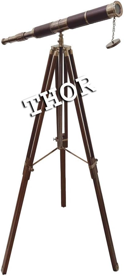 A Vintage Decorative Brass Telescope Brown Leather Single & Double Barrel Antique Tripod Set of 2 Rustic Vintage Home Decor Gifts