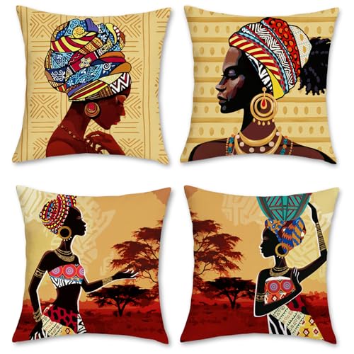 Bonhause Federe per Cuscini Donne Africane 45x45cm Copricuscini Decorativi Etnico Tribale Poliestere Biancheria Federa per Cuscino Divano Letto Casa Decorazione Set di 4