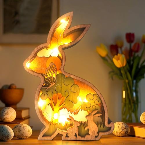 ACAREY Ostern Deko Figuren aus Holz mit LED Lichterkette, 3D Osterhasen...