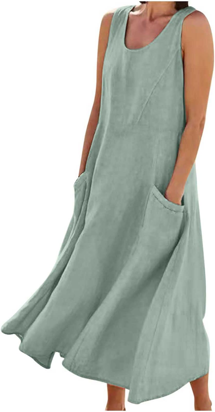 Women's Summer Dresses Clearance Sleeveless Linen Midi Dress Casual Loose Beach Dress Ladies Plain Tunic Tank Dresess with Pockets