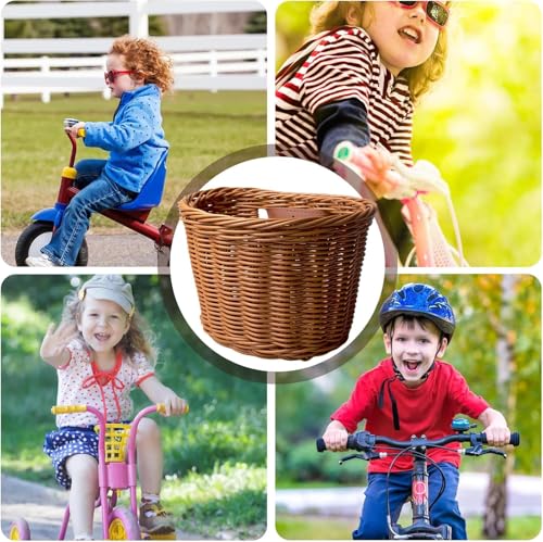 Yeehliny Fahrradkorb Kinder, Fahrradkorb Geflochten für Mädchen und Kinder vorne, Laufradkorb Lenkerkorb Lenkerkörbchen Körbchen für Fahrrad aus Kunststoff, mit Lederriemen (Braun)