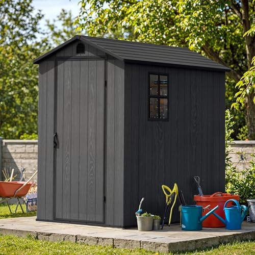 Image of Greesum 4x6FT Plastic Outdoor Storage Shed with Floor, Dark Gray | All-Weather Resin Sheds with Lockable Door, Tool Shed with Window & Multiple Vents, Easy Assembly for Yard, Patio, Garden