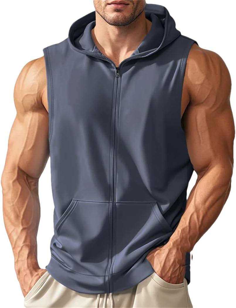 Dvbfufv Men's Summer Sports Fitness Training Zipper Hooded Sleeveless Vest Loose Breathable T-Shirt